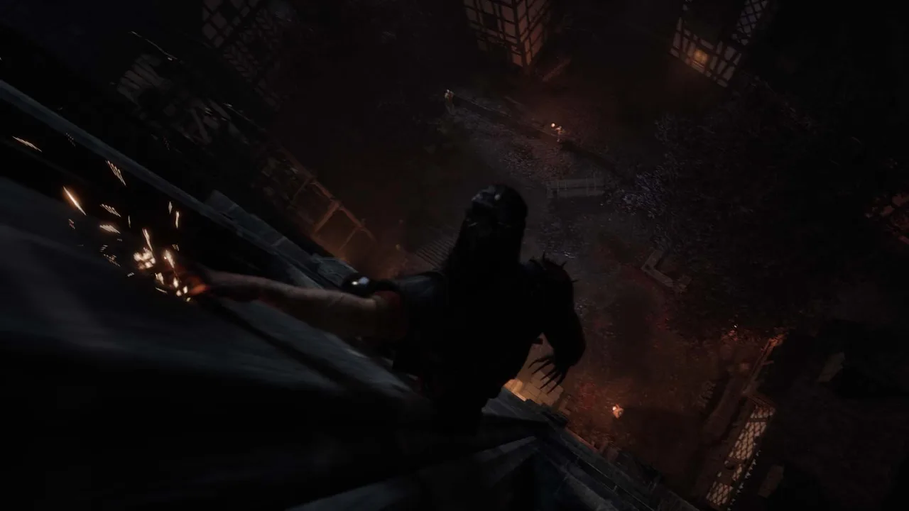 Coen in vampire form scaling rooftops at night with sharp claws.