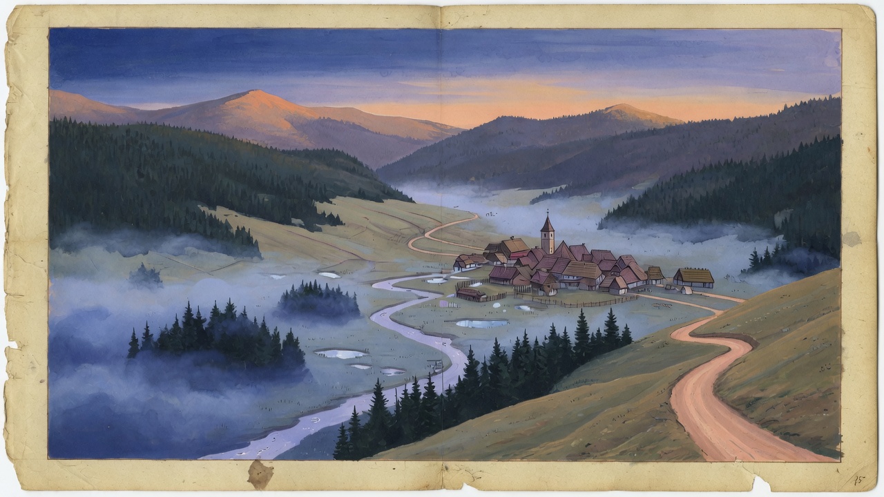 A misted valley at first light, with one ochre road leading toward a village.